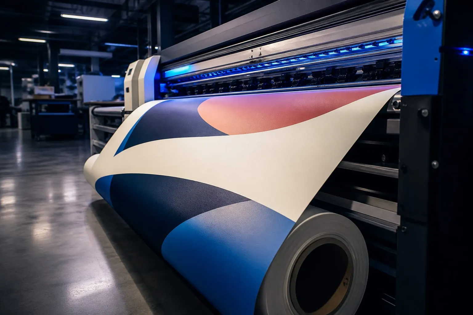 Large printed advertising banners being finished on a production floor