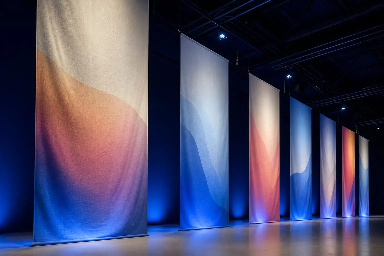 Printed fabric soft signage panels hanging in an exhibition hall